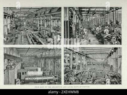 Vier Buchten bei den Lokomotiven und Drehwerkstätten in Stettin aus dem Artikel DIE ENTWICKLUNG DES DEUTSCHEN SCHIFFBAUS. Von Rudolph Haack. TEIL III - DIE SCHIFFSWERFTEN AUF DER OSTSEE. Aus dem Engineering Magazine widmet sich Industrial Progress Band XVIII 1899-1900 The Engineering Magazine Co Stockfoto