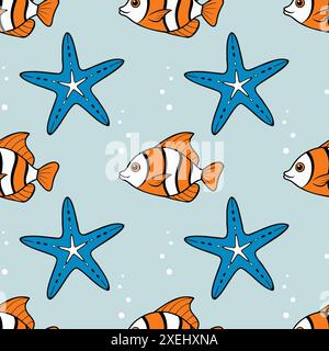 Meeresbodenmuster mit orangefarbenen Fischen und blauen Seesternen auf pastellblauem Hintergrund, nahtloses Meeresmuster. Vektorabbildung Stock Vektor