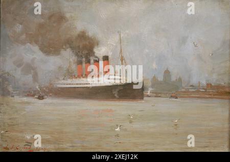 Das Dampfschiff Mauretania in der Mersey, November 1907 Ölgemälde von Frank Thomas Copnall (1870–1949) Stockfoto