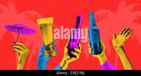 Zeitgenössische Kunstcollage. Farbenfrohe Getränke in lebendigen Händen vor tropischem Hintergrund. Genarbter Materialeffekt. Stockfoto