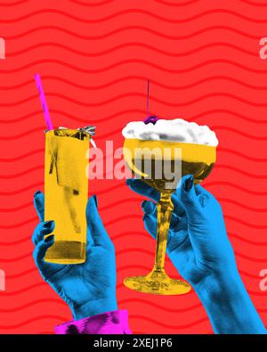 Zeitgenössische Kunstcollage. Lebendige Hände heben Neoncocktails vor dem Hintergrund lebendiger Meereswellen hervor. Genarbter Materialeffekt. Stockfoto