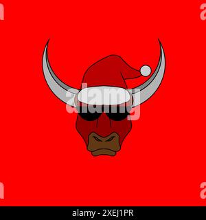 weihnachtskuhbullen-Cartoon mit weihnachtsmann-Kappe-Logo-Design auf isoliertem Hintergrund Stock Vektor