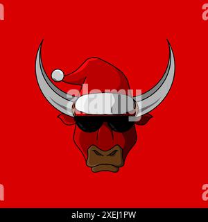 weihnachtskuhbullen-Cartoon mit weihnachtsmann-Kappe-Logo-Design auf isoliertem Hintergrund Stock Vektor