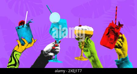 Zeitgenössische Kunstcollage. Lebendige Hände mit bunten Cocktails vor tropischer Strandkulisse. Genarbter Materialeffekt. Stockfoto