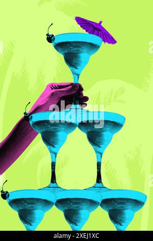 Zeitgenössische Kunstcollage. Tropische Partyszene mit farbenfrohen Getränken und Händen, die Spaß und Entspannung bieten. Genarbter Materialeffekt. Stockfoto