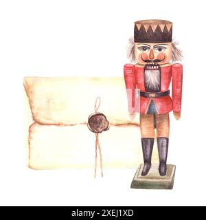 Vintage Nussknacker mit altem Brief, Weihnachtspfosten. Holzspielzeug, roter Soldat, traditionelles Weihnachtsbaumspielzeug. Handgezeichnete Illustration mit Aquarell Stockfoto