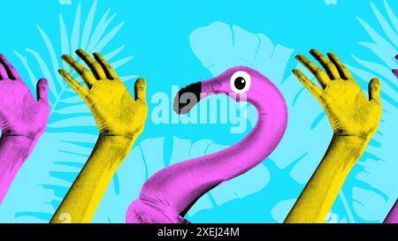 Zeitgenössische Kunstcollage. Rosafarbene Flamingos schweben und erhobene Hände vor blauem Hintergrund mit tropischen Blattsilhouetten. Genarbter Materialeffekt. Stockfoto
