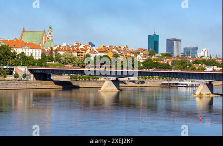 Warschau, Polen - 12. Mai 2024: Altstadt Stare Miasto, Powisle und Mariensztat Viertel Panoramablick mit Slasko Dabrowski Brücke über die Weichsel Stockfoto