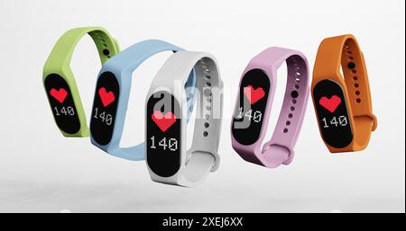 3D-Rendering von Smart Band, Fitnessuhr, Sportarmband oder Fitness Activity Tracker auf isoliertem Hintergrund Stockfoto