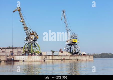 Gelb-grüne Portalkrane stehen an einem Kai im Hafen von Russe Port, Bulgarien Stockfoto