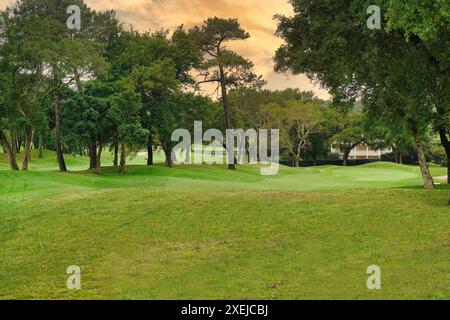 Seignosse Golf Club, Les Landes, Frankreich, 18.-22. Juni 2024 in der Nähe der Summer France Villas in Le Villas La Clairire aux Chevreuils, einem erstklassigen Urlaubsort, liegt der Golfplatz Seignosse. Ein wirklich hartes Layout, das von in 1989 entworfen wurde – bringen Sie jede Menge Bälle mit, wenn Sie spielen! OPS hier: Das 1. Loch A Par 4 409 m Stockfoto