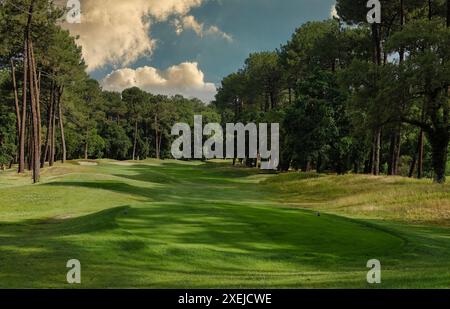 Seignosse Golf Club, Les Landes, Frankreich, 18.-22. Juni 2024 in der Nähe der Summer France Villas in Le Villas La Clairire aux Chevreuils, einem erstklassigen Urlaubsort, liegt der Golfplatz Seignosse. Ein wirklich hartes Layout, das von in 1989 entworfen wurde – bringen Sie jede Menge Bälle mit, wenn Sie spielen! OPS hier: Der 4. Loch-Abschlag Stockfoto