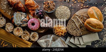 Zusammensetzung mit einer Vielzahl von glutenhaltigen Lebensmitteln. Stockfoto