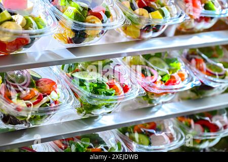 Plastikboxen mit vorverpackten Obst- und Gemüsesalaten Stockfoto