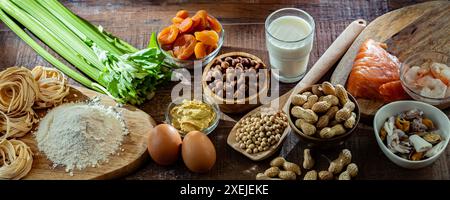 Zusammensetzung mit gängigen Lebensmittelallergenen einschließlich Ei Stockfoto