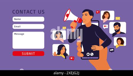 Kontaktformular für Web. Mann im Smartphone, der im Lautsprecher schreit. Influencer oder Social Marketing. Abbildung. Vektor Stock Vektor