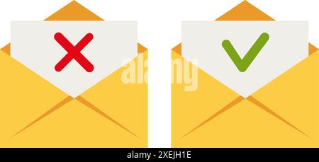 Zwei gelbe Umschläge mit genehmigten und abgelehnten Briefen. Vektorabbildung. Flach. Stock Vektor