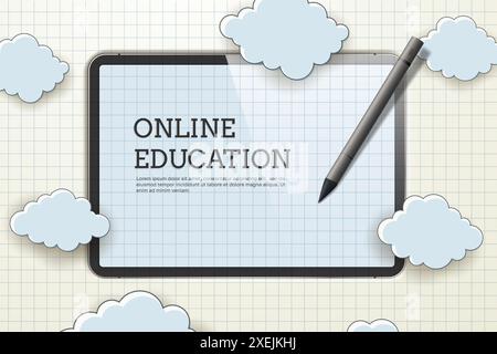 Zurück zur Schule, Online-Lernen. Tablet oder Smartphone auf kariertem Papierhintergrund mit Wolken. Vektorabbildung. Stock Vektor
