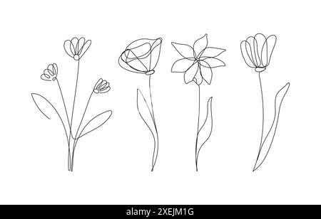 Blume in durchgehender Umrissstil Vektorillustration festlegen. Dieses elegante und minimalistische Botanical Stock Vektor
