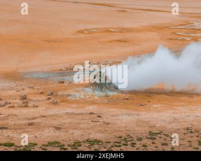 Geothermisches Gebiet im Haukadular Valley, Island, mit dampfenden heißen Quellen und heißen Wasserbächen Stockfoto