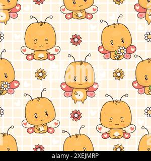 Nahtloses Muster mit niedlichem Schmetterlingscharakter auf kariertem gelbem Hintergrund. Vektorabbildung. Karikaturinsekten Kawaii meditieren in Asana und Funn Stock Vektor
