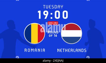 Rumänien gegen Niederlande, 16. Runde, Juli 2024, Flaggenembleme. Vektorhintergrund mit rumänischen und niederländischen Flaggen für Nachrichtensendungen oder Fernsehsendungen Stock Vektor