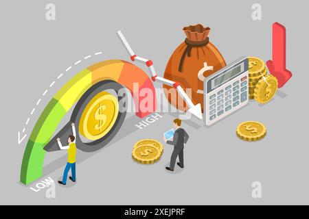 3D Isometrische flache konzeptionelle Darstellung der Kostenreduzierung, Financial Management 3D Isometrische flache konzeptionelle Darstellung von Stockfoto