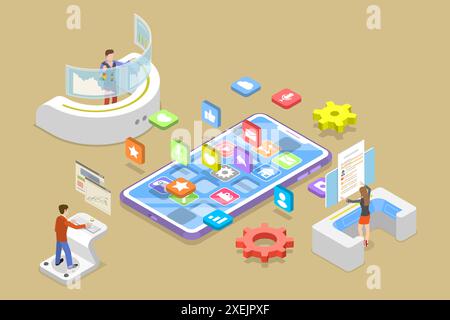 3D Isometric Flat Conceptual Illustration of React Native Development, Mobile App Design 3D Isometric Flat Conceptual Illustra Stockfoto
