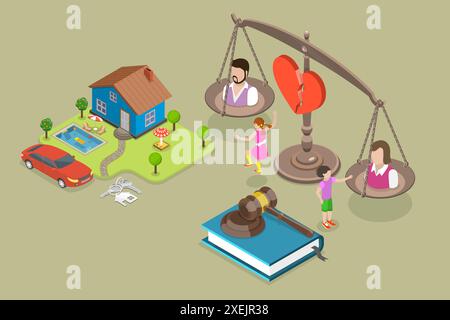 3D Isometric Flat Conceptual Illustration of Child Sorstody in Ehescheidung, Family Law Separation 3D Isometric Flat Conceptual Illu Stockfoto