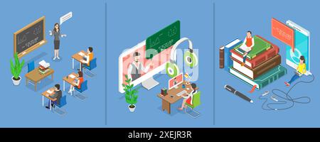 3D Isometrisch flach konzeptionelle Illustration von Hybrid- oder Blended Learning, digitaler Unterricht, Online-Unterricht 3D Isometrisch flach Stockfoto