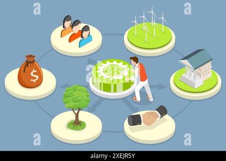 Isometrische flache 3D-Konzeptdarstellung von ESG, Environmental Social Governance, Green Energy und Sustainable Industry 3D ISO Stockfoto