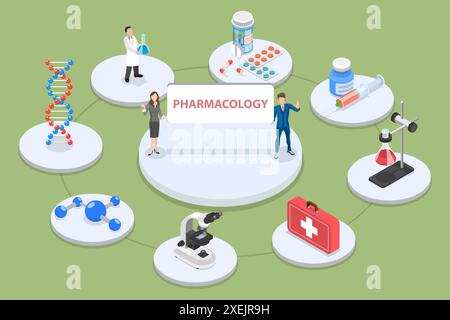 3D Isometrische flache konzeptionelle Darstellung der Pharmakologie, Chemietechnik 3D Isometrische flache konzeptionelle Darstellung von P Stockfoto