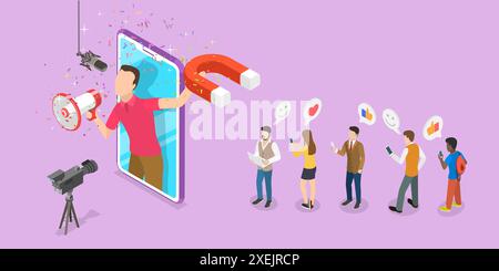 3D Isometric Flat Conceptual Illustration of Influencer Marketing , Social Media Kampagne 3D Isometric Flat Conceptual illustr Stockfoto