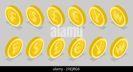 3D Isometrische flache konzeptionelle Illustration von World Currency Coins, Elemente des Designs 3D Isometrische flache konzeptionelle Illustratio Stockfoto