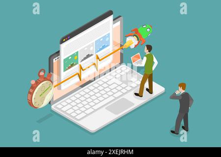 3D Isometric Flat Conceptual Illustration von Seitengeschwindigkeit, Website Speed Optimization und SEO 3D Isometric Flat Conceptual Illus Stockfoto