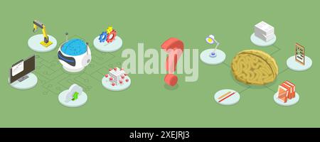 3D Isometrische flache konzeptionelle Darstellung von RPA vs. Manuelle Arbeit, Roboterprozessautomatisierung 3D Isometrische flache konzeptionelle Beleuchtung Stockfoto