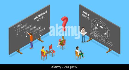 3D Isometrische flache konzeptionelle Darstellung von Agile vs. Wasserfall , Software-Entwicklung Metodologien 3D Isometrische flache Konzeptua Stockfoto
