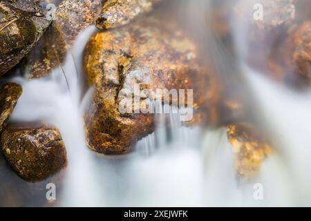 Nahaufnahme von Süßwasser, das über Steine rauscht Stockfoto