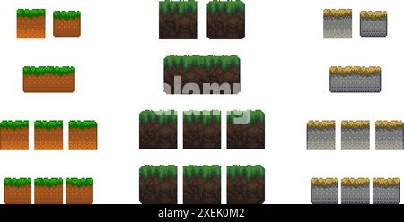 Pixel Art Bodenplatte Fliesensatz. Raster mit unterschiedlicher quadratischer Textur. Isolierte Vektorsprites für Spieleentwicklung oder mobile App Stock Vektor