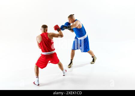 Zwei MMA-Kämpfer, eine in Rot und eine in Blau, konzentrierten sich beide auf ihre Bewegungen vor weißem Studiohintergrund. Stockfoto