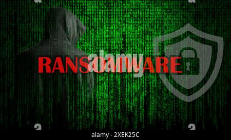 Rückansicht der Hacker-Silhouette auf dunkelgrünem binärem Hintergrund mit der Aufschrift RANSOMWARE, Hacker-Konzept mit Kapuze, gehacktem Schlüssel, Blockit Stockfoto