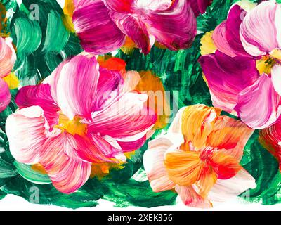 Rosa abstrakte Blumen, Original handgezeichnet, Impressionismus Stil, Farbstruktur, Pinselstriche aus Acrylfarbe, Kunsthintergrund. Moderne Kunst. Stockfoto