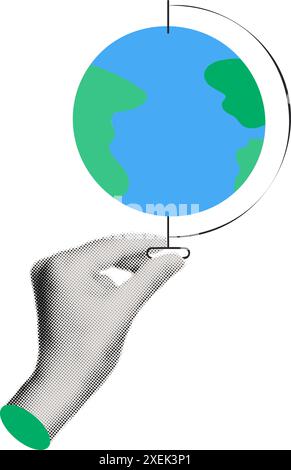 Halbtonhand hält Erdkugel Collage-Vektor-Illustration Stock Vektor