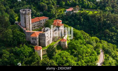 Schloss Rihemberk auf einem Hügel, umgeben von üppiger Landschaft in Branik, Slowenien Stockfoto