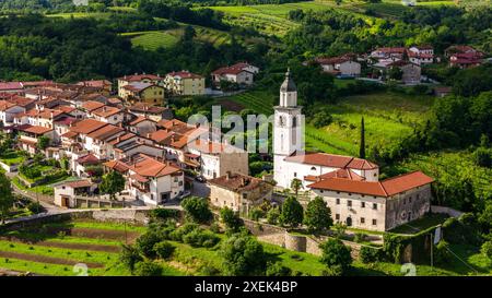 Atemberaubende Drohnenaufnahme der Stadt Vipava Valley und der Weinberge Stockfoto