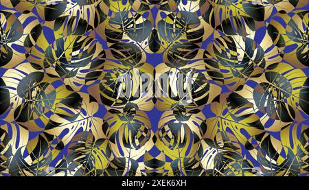 Die Monstera-Palme hinterlässt ein exotisches tropisches nahtloses Muster. Palmblätter, rosa Plumerieblätter, Hibiskusblüten, exotische tropische Sommerblumen und Blätter. Stock Vektor