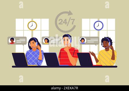 Konzept des Kundendienstbetreibers. Beratung von Kunden 24 für 7. Virtuelles Callcenter, Bearbeitung des Anrufsystems. Vektorabbildung. Flach Stock Vektor