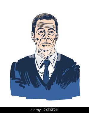 Nigel Farage, britischer Politiker, Vorsitzender der Reform UK Party, kandidiert für die Parlamentswahlen in Großbritannien. Flache Farben und schwarze Kontur. Stockfoto