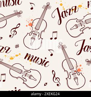 Nahtloses Muster mit Musiknoten und Violine. Handgezeichneter Hintergrund mit Jazz-Musikinstrumenten Stockfoto