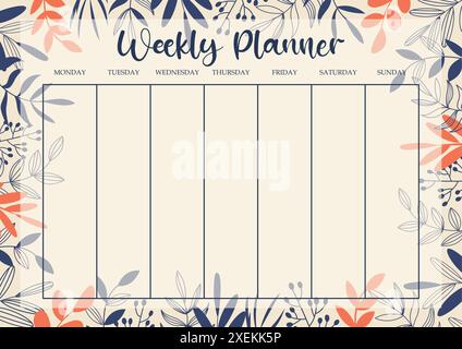 Wöchentliche Planervorlage für Studien mit Blumenelementen. Papierbogen für Business Organizer. Stock Vektor